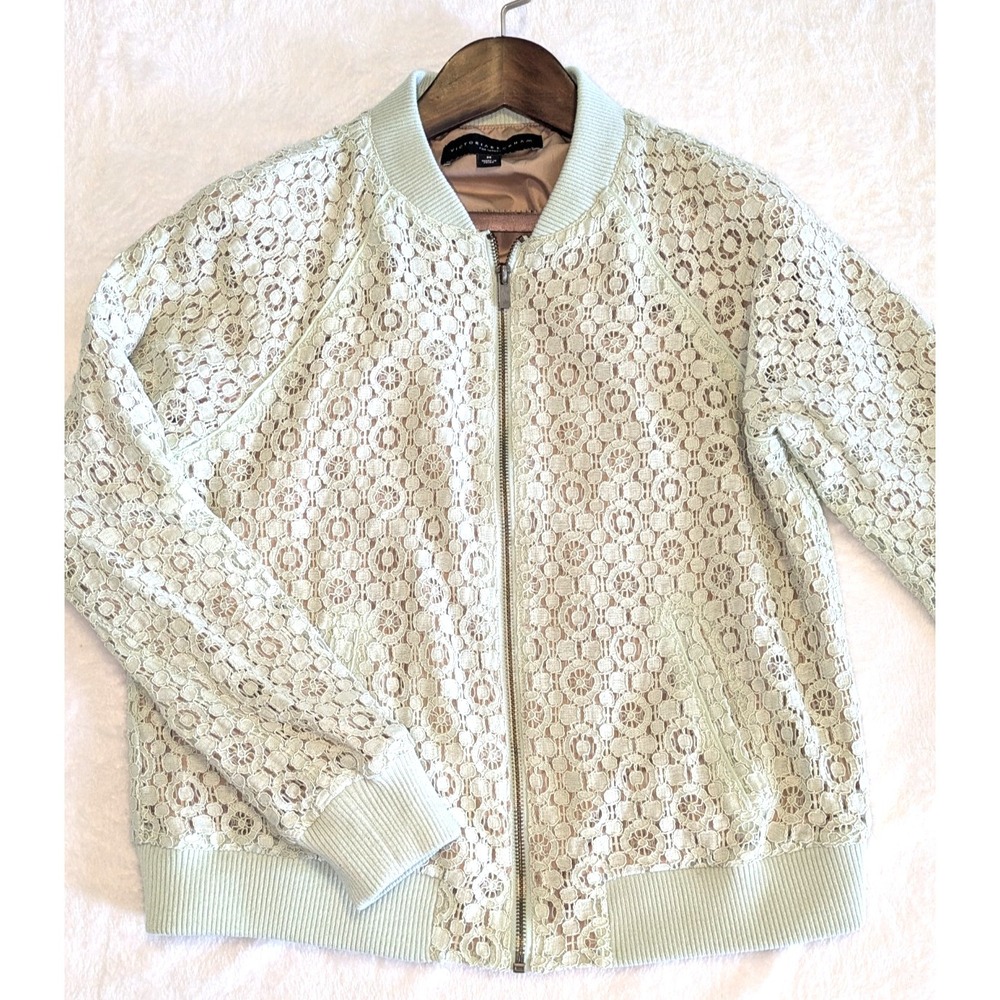 Victoria Beckham Mint Green Lace Bomber Jacket Full Zip Women's Medium Lined
